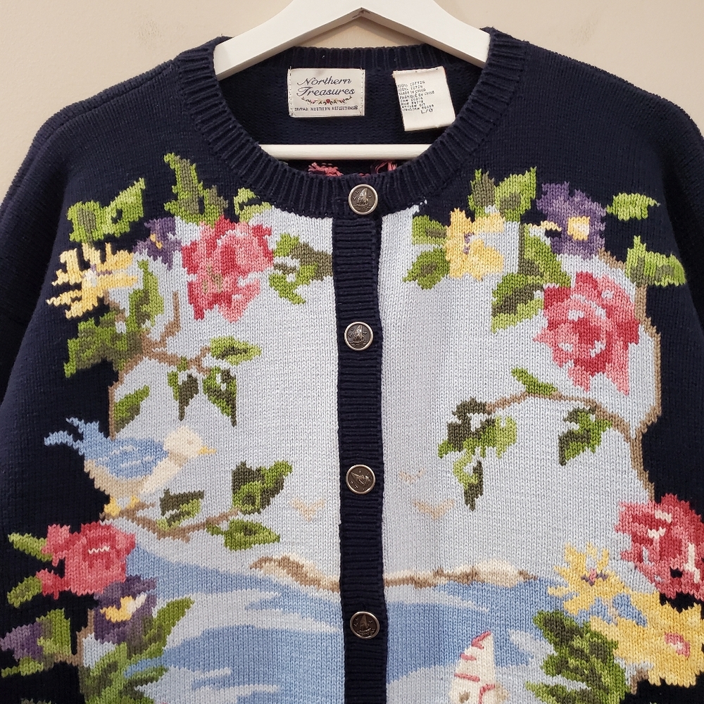 Vintage Northern Reflections - Intarsia Cotton Knit Cardigan Sailboat Scene - L - Picture 3 of 11